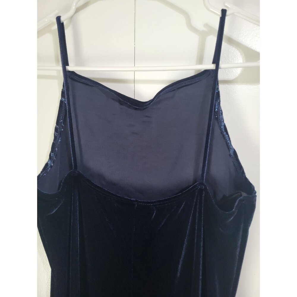 VTG y2k 90s Blue Velvet Long Length Dress Slit Sparkle Flames Whimsigoth SZ M - Picture 4 of 9